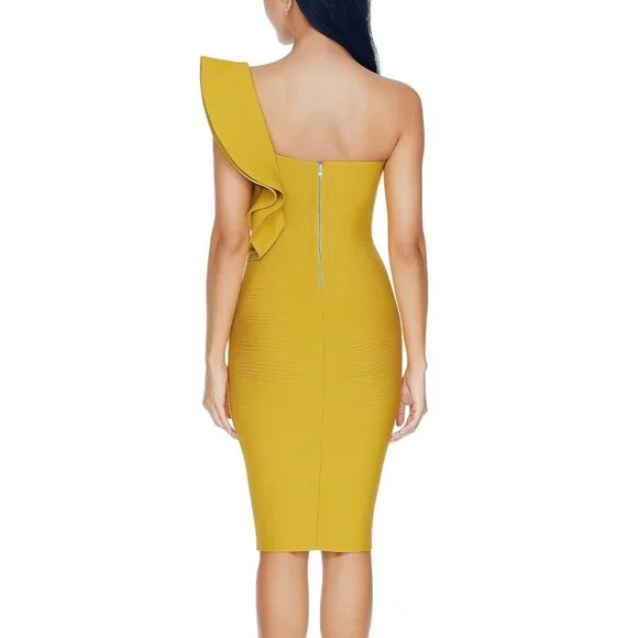 Elegant Ruffle One-Shoulder Mustard Yellow Party Cocktail Midi Bandage Dress - Picture 2 of 5
